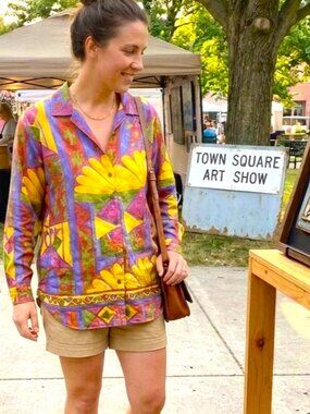 SILKS VINTAGE Womens Silk Blouse Medium/Large Multi colored Retro 70s Style